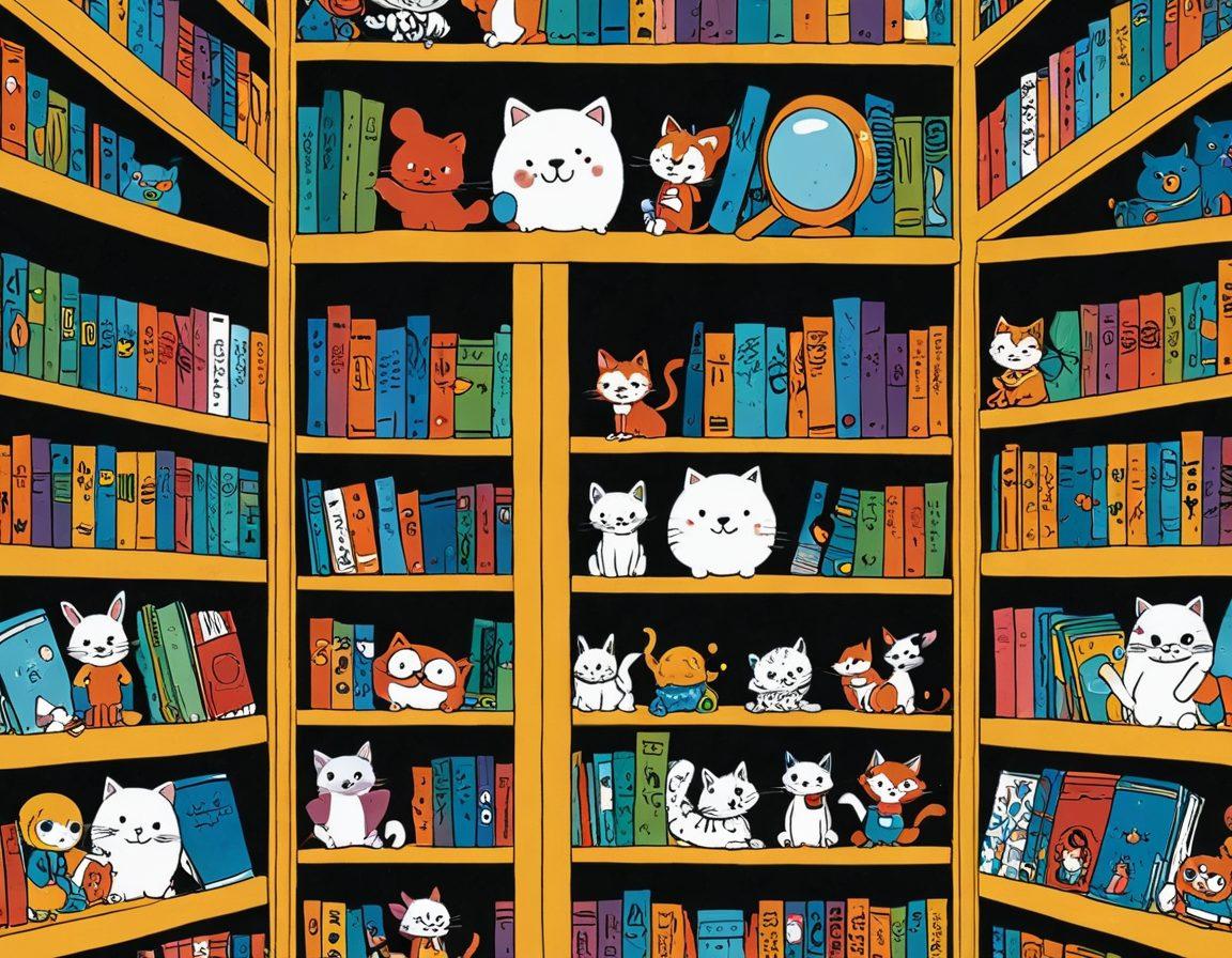 An inviting and colorful illustrated book cover, featuring a whimsical library filled with shelves of adult cartoons, scattered manga, and playful, cheeky characters peeking out. Incorporate elements of curiosity and exploration, like a magnifying glass, cartoonish question marks, and vibrant speech bubbles with hidden secrets. The atmosphere should feel adventurous and slightly mischievous, inviting readers to delve into the world of adult animation. Anime-inspired. vivid colors. modern illustration.