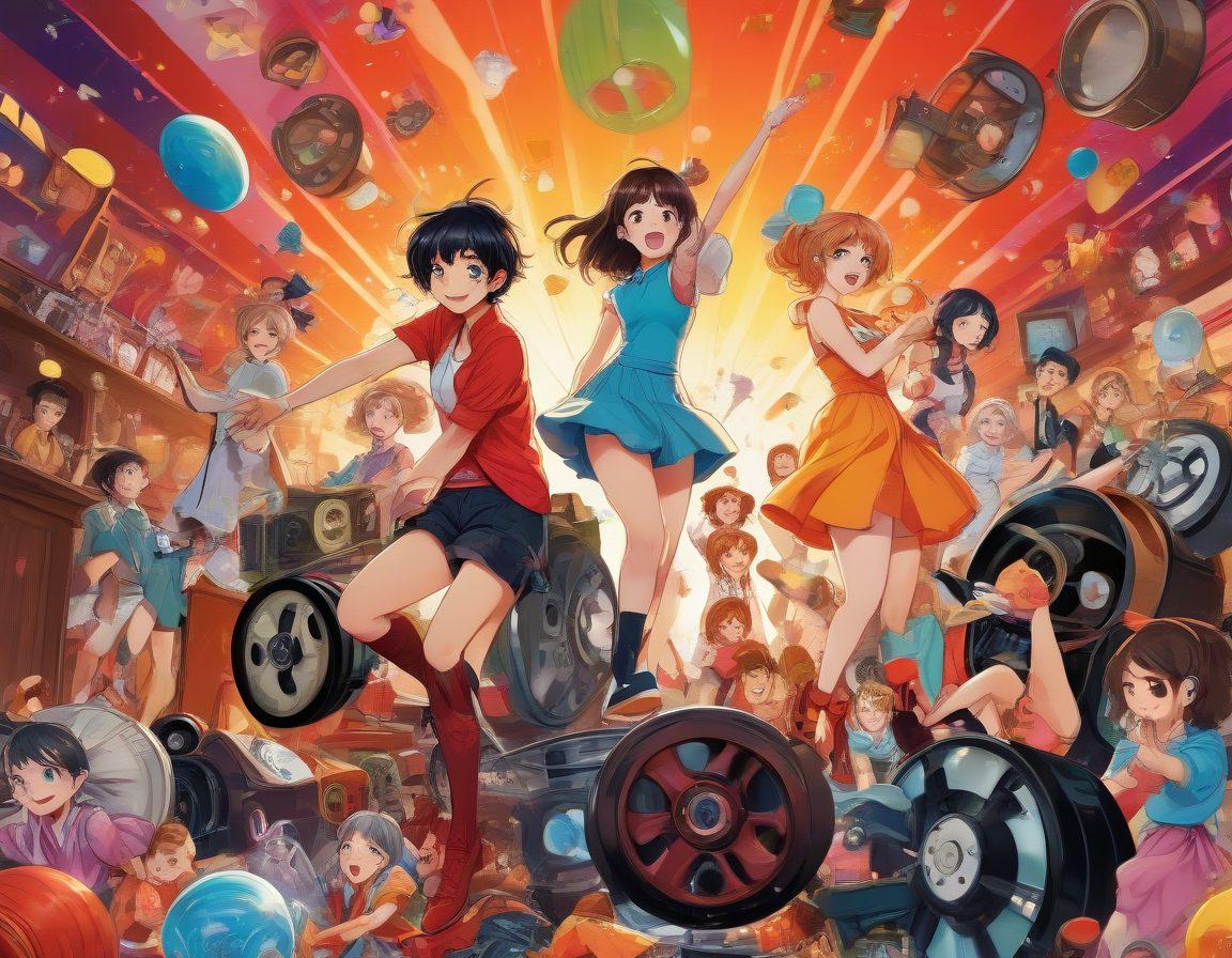 A vibrant, engaging illustration of a diverse group of anime characters enjoying various adult-themed activities, surrounded by iconic symbols of adult entertainment like film reels, cameras, and DIY props. The background features a colorful, playful atmosphere with elements representing creativity and community, such as art supplies and chat bubbles. The characters should express a sense of joy and connection. cartoon style. vibrant colors. playful elements.